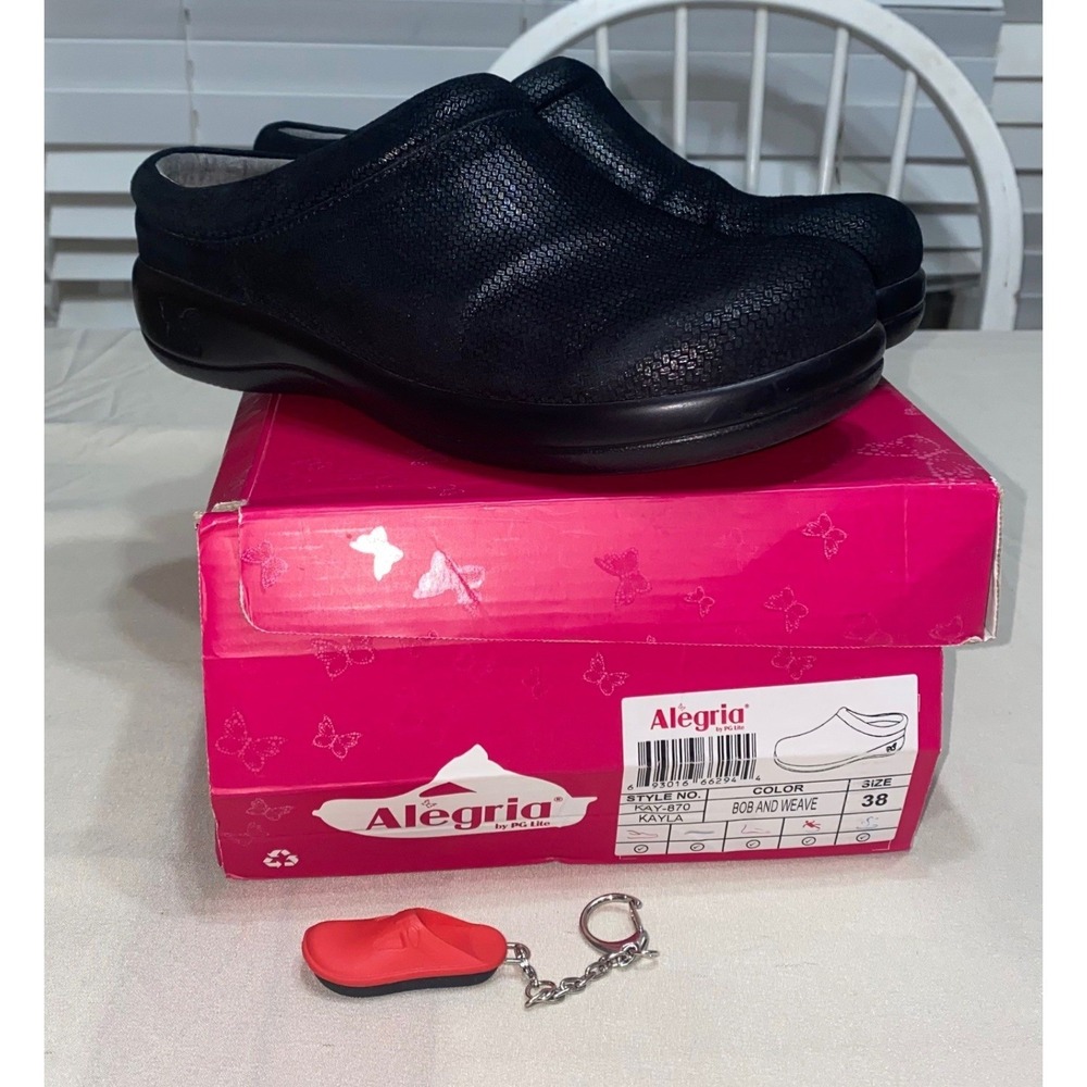 Alegria Kayla Bob and Weave Black Textured Leather Nursing Clogs KAY-870 Size 38